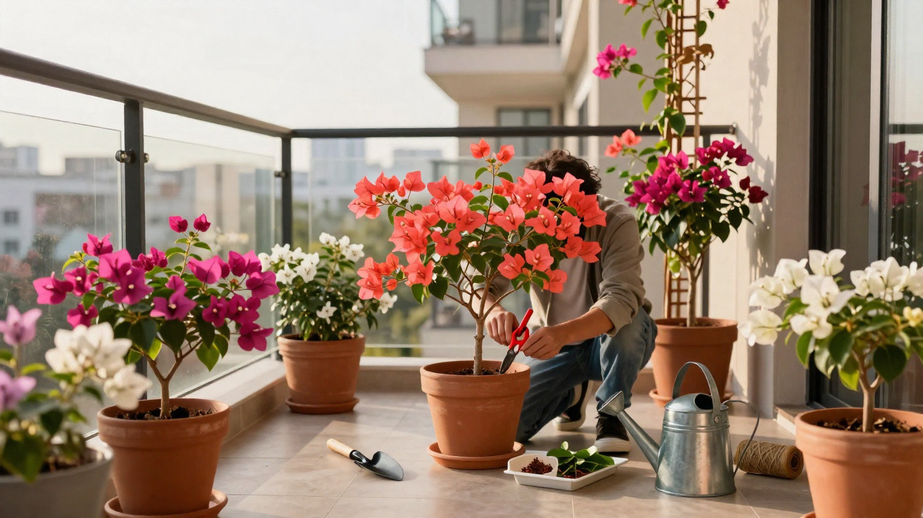 Person schneidet Bougainvillea-Pflanze auf hellem Balkon mit mehreren Blumentöpfen und Gießkanne