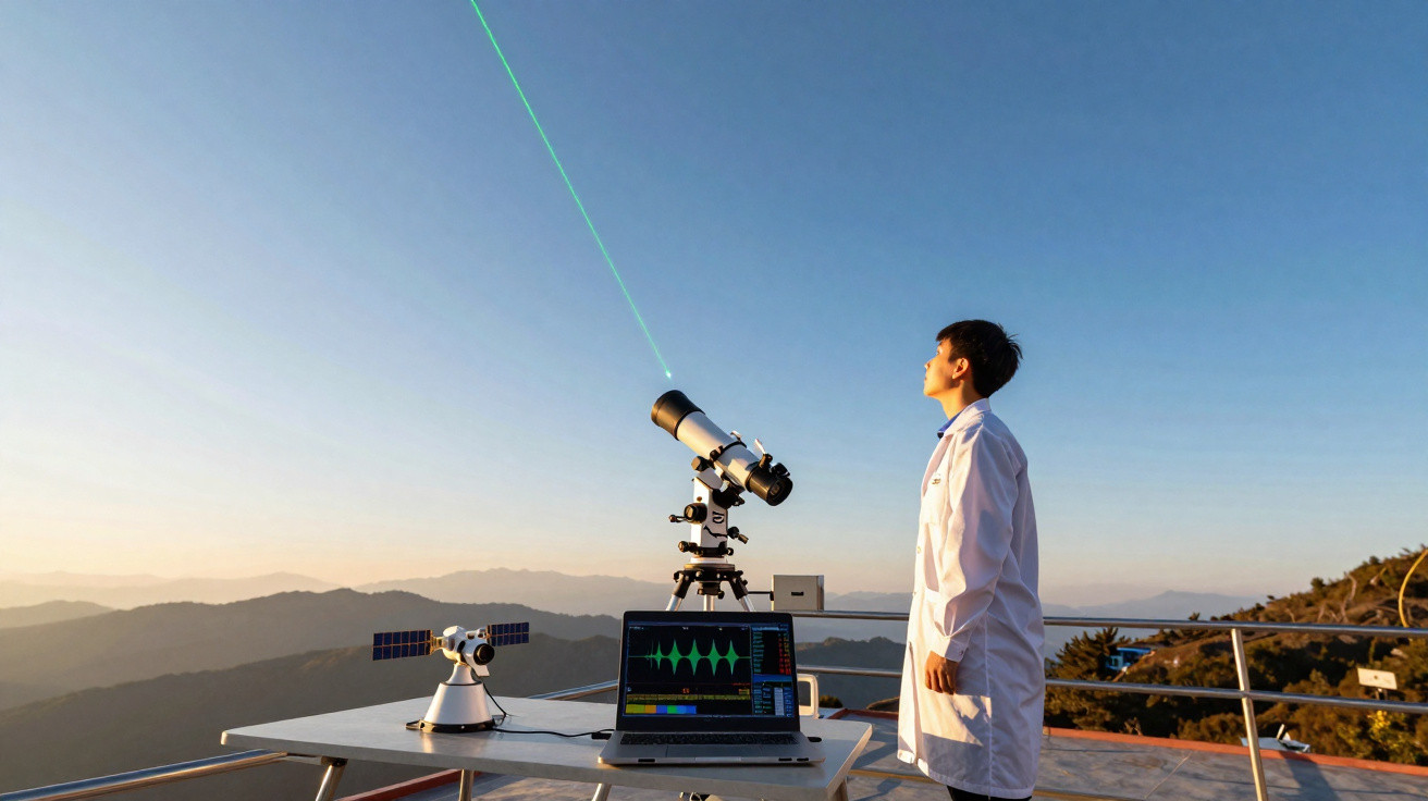 Ein Wissenschaftler mit weißem Kittel beobachtet Laserstrahl, Teleskop und Laptop auf einer Bergplattform bei Sonnenuntergang