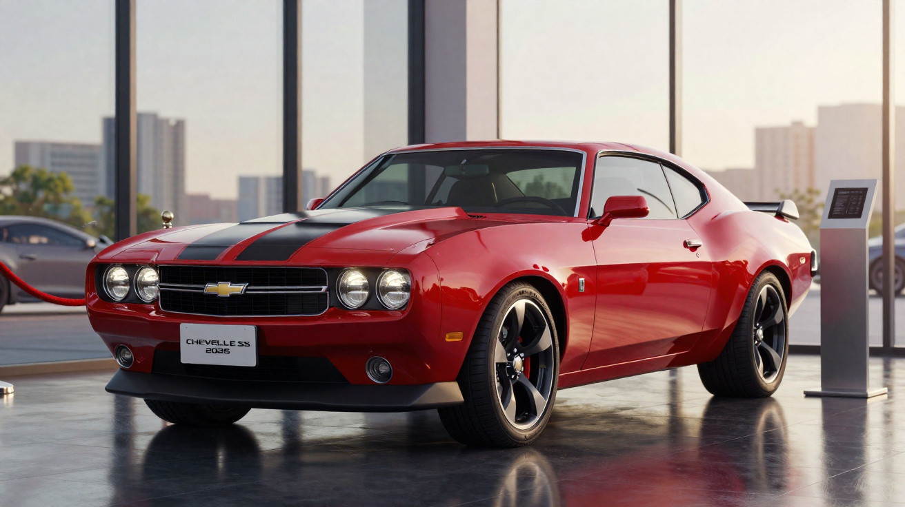 Roter Chevrolet Chevelle SS 2025 mit schwarzen Rennstreifen in einem modernen Ausstellungsraum.