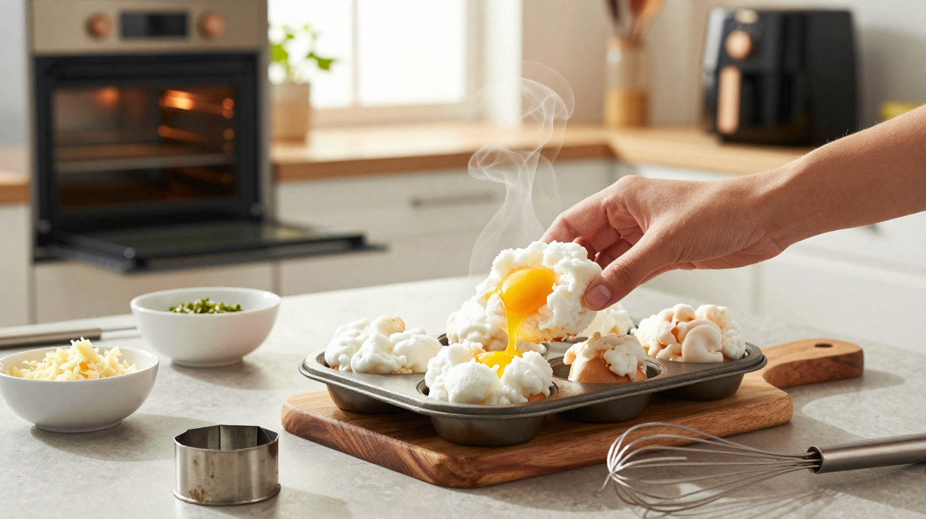 Hand nimmt frisch gebackenes Ei im Wolkenstil aus Muffinblech, Küchenutensilien und Ofen im Hintergrund.