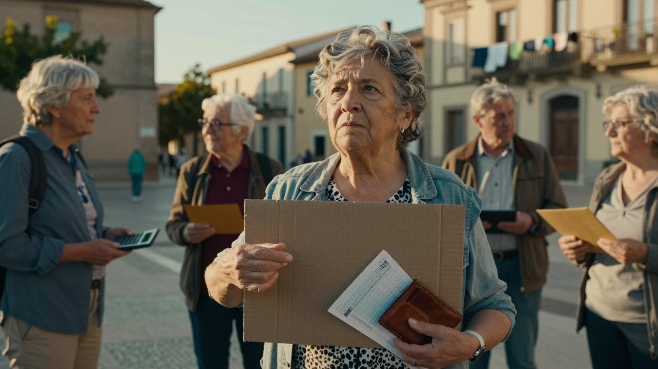 Ältere Menschen versammeln sich im Freien, eine Frau hält ein Schild und Dokumente in der Hand.