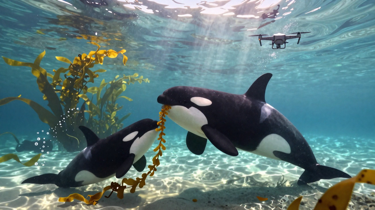 Zwei Orcas spielen mit Algen unter Wasser, während eine Drohne darüber schwebt.