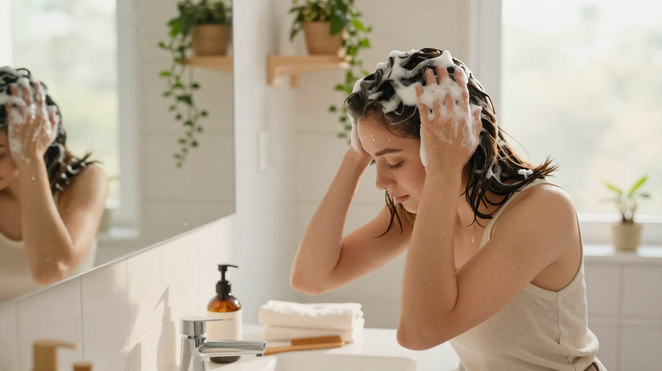 Frau wäscht sich im Badezimmer die Haare und schäumt Shampoo ein vor großem Spiegel.
