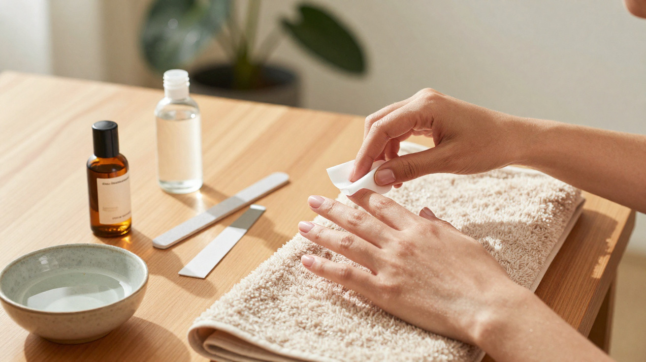 Person entfernt Nagellack mit einem Wattepad auf einem Handtuch, umgeben von Nagelpflegeprodukten.