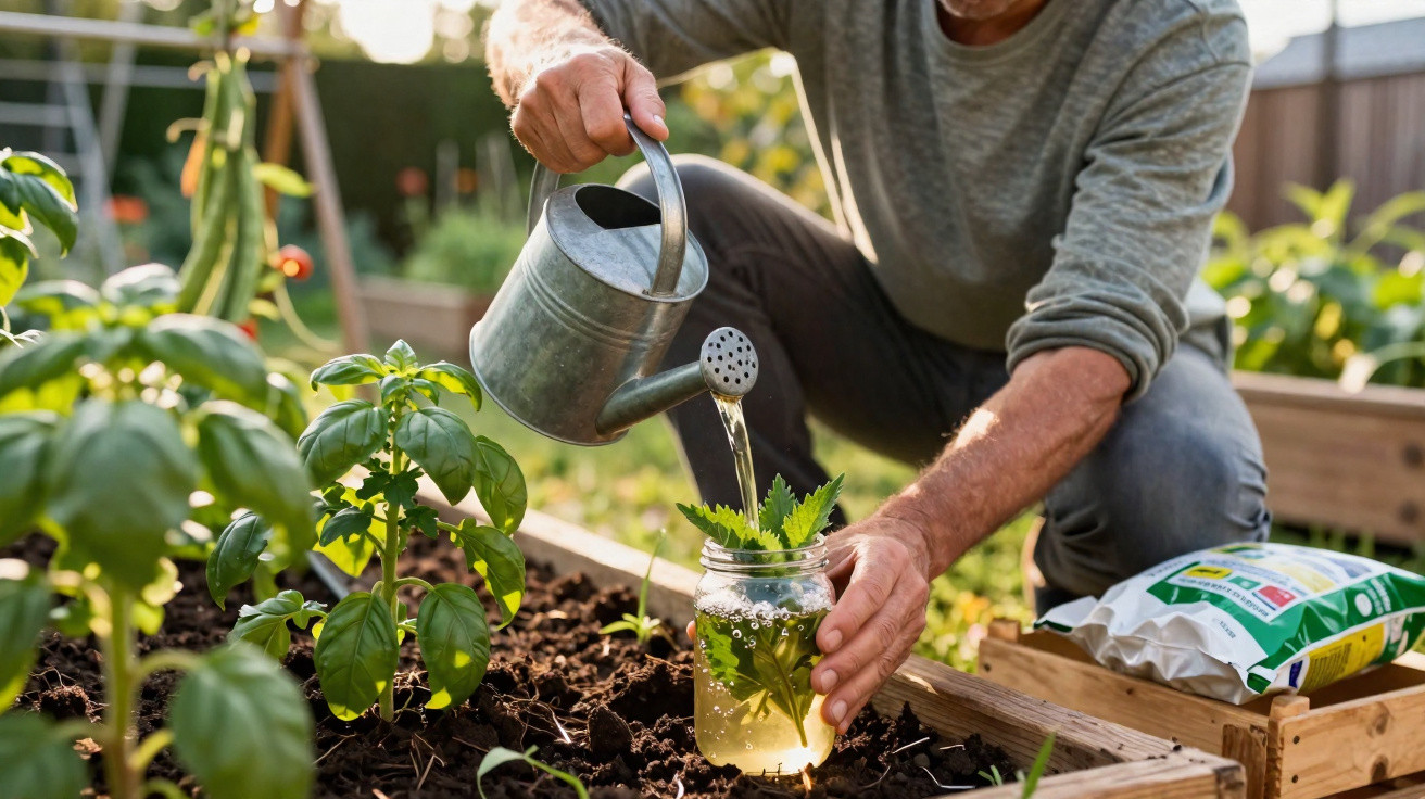Person gießt Wasser aus einer Gießkanne auf Pflanzen in einem Hochbeet im Garten bei Sonnenschein.