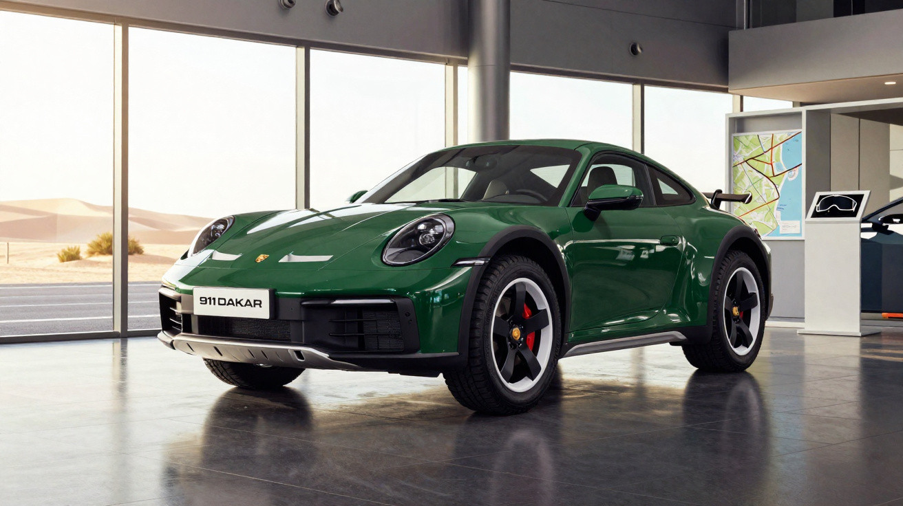 Grüner Porsche 911 Dakar im Showroom mit großen Fenstern und Wüstenlandschaft im Hintergrund.