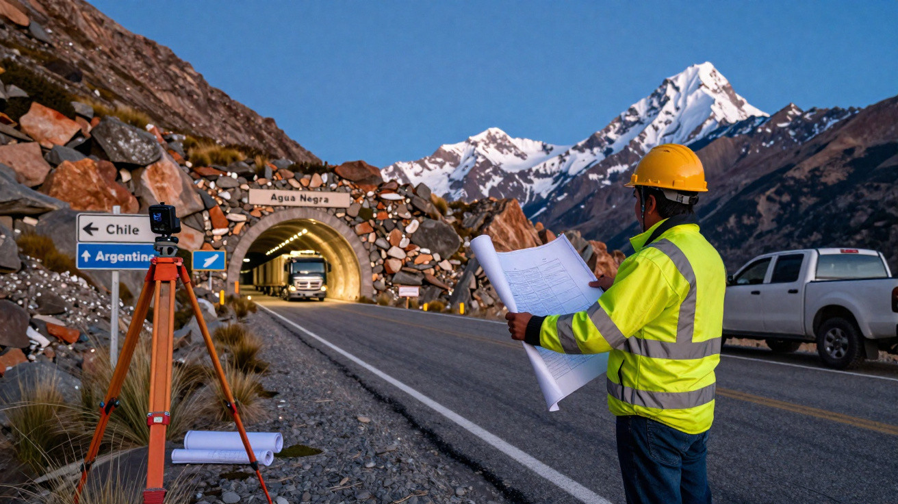 Bauarbeiter mit Helm und Plänen vor Tunnel in den Anden, Verkehrszeichen zu Chile und Argentinien sichtbar.