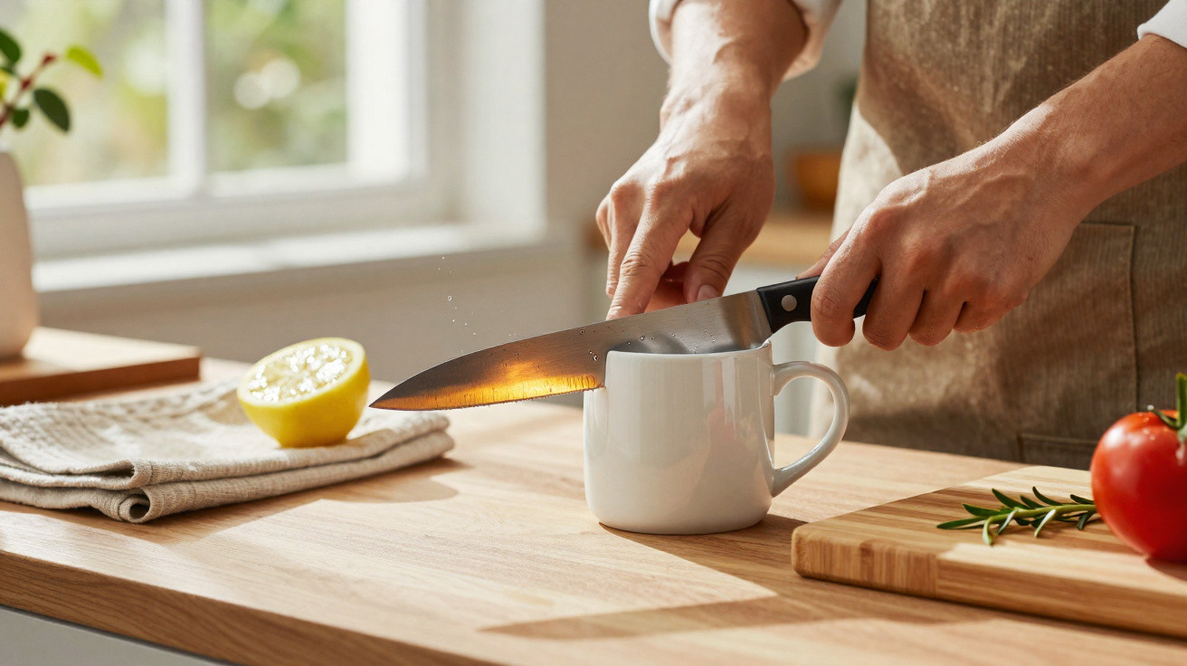 Person presst eine Zitrone mit einem Messer über eine weiße Tasse auf einer Holzarbeitsplatte aus.
