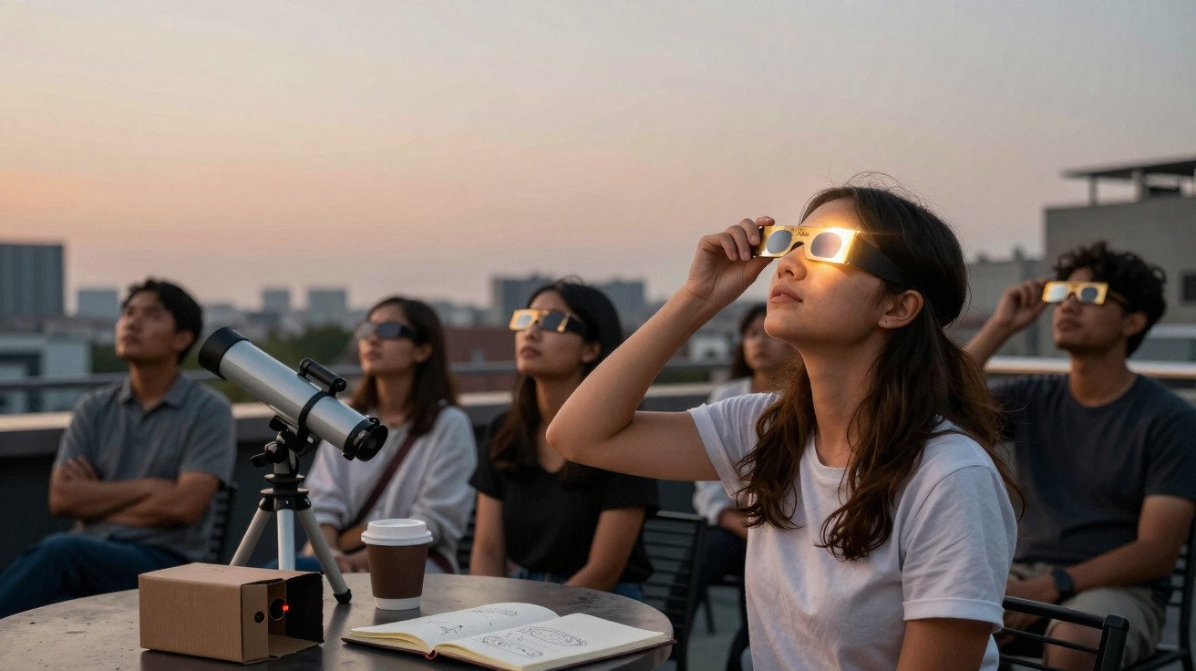 Menschen auf einer Dachterrasse beobachten mit Schutzbrillen eine partielle Sonnenfinsternis bei Sonnenuntergang.