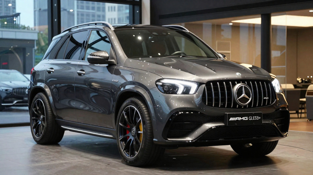 Mercedes-AMG GLE 63+ SUV in metallicgrau, stehend in einem modernen Innenraum mit Glasfront.