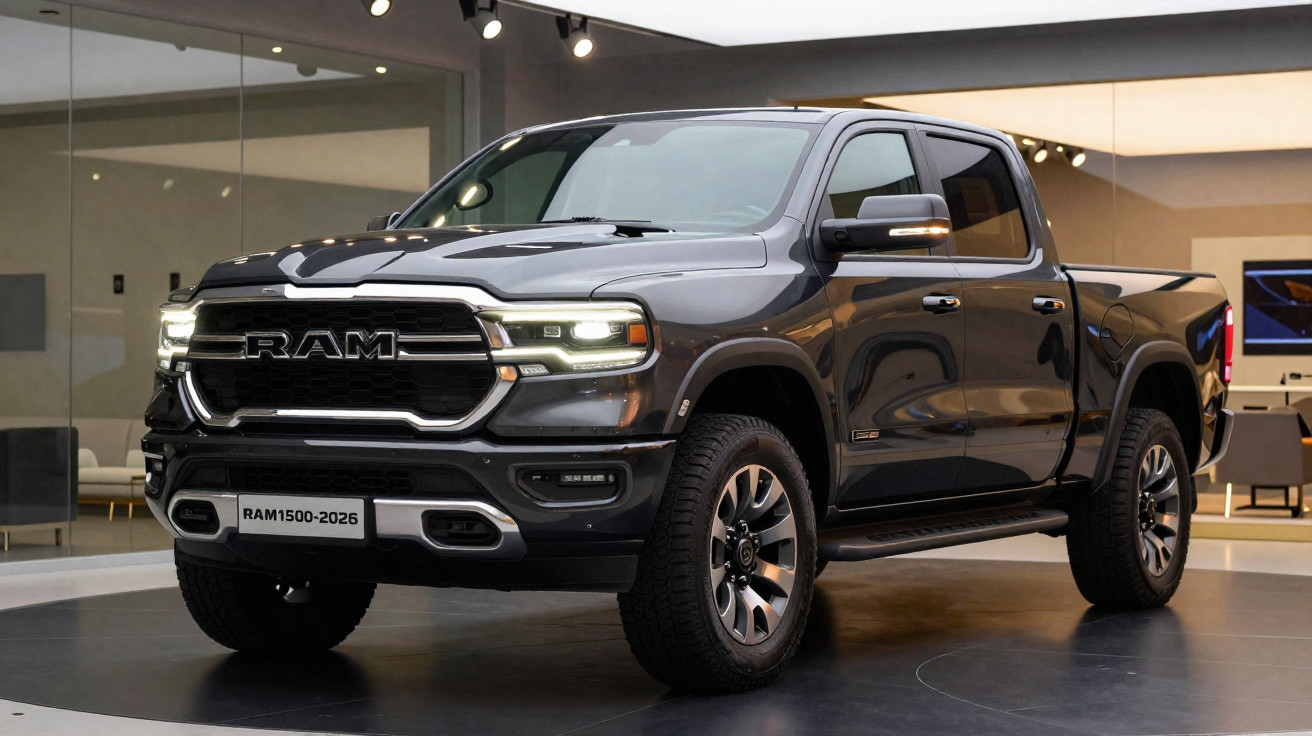 Schwarzer RAM 1500 Pickup Truck Modell 2026 in moderner Ausstellungshalle auf Podest präsentiert.