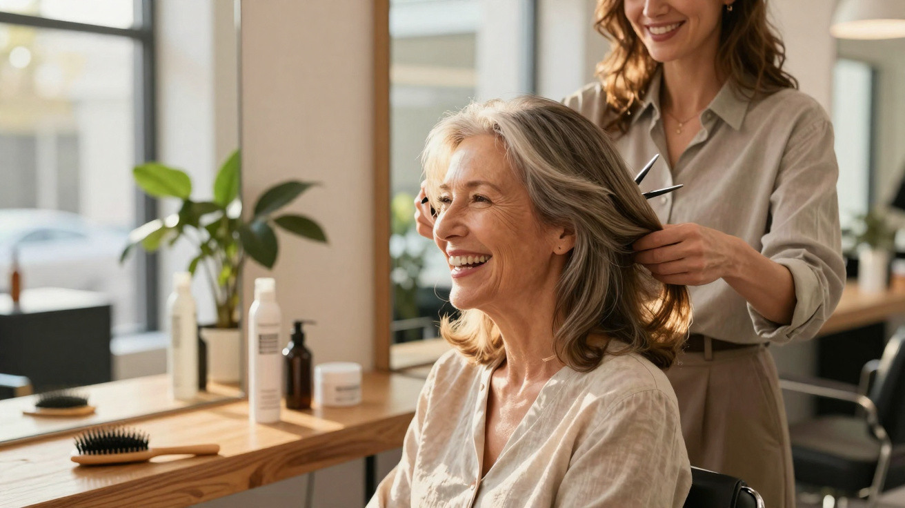 Fröhliche ältere Frau bekommt im Friseursalon eine neue Frisur von einer Stylistin.