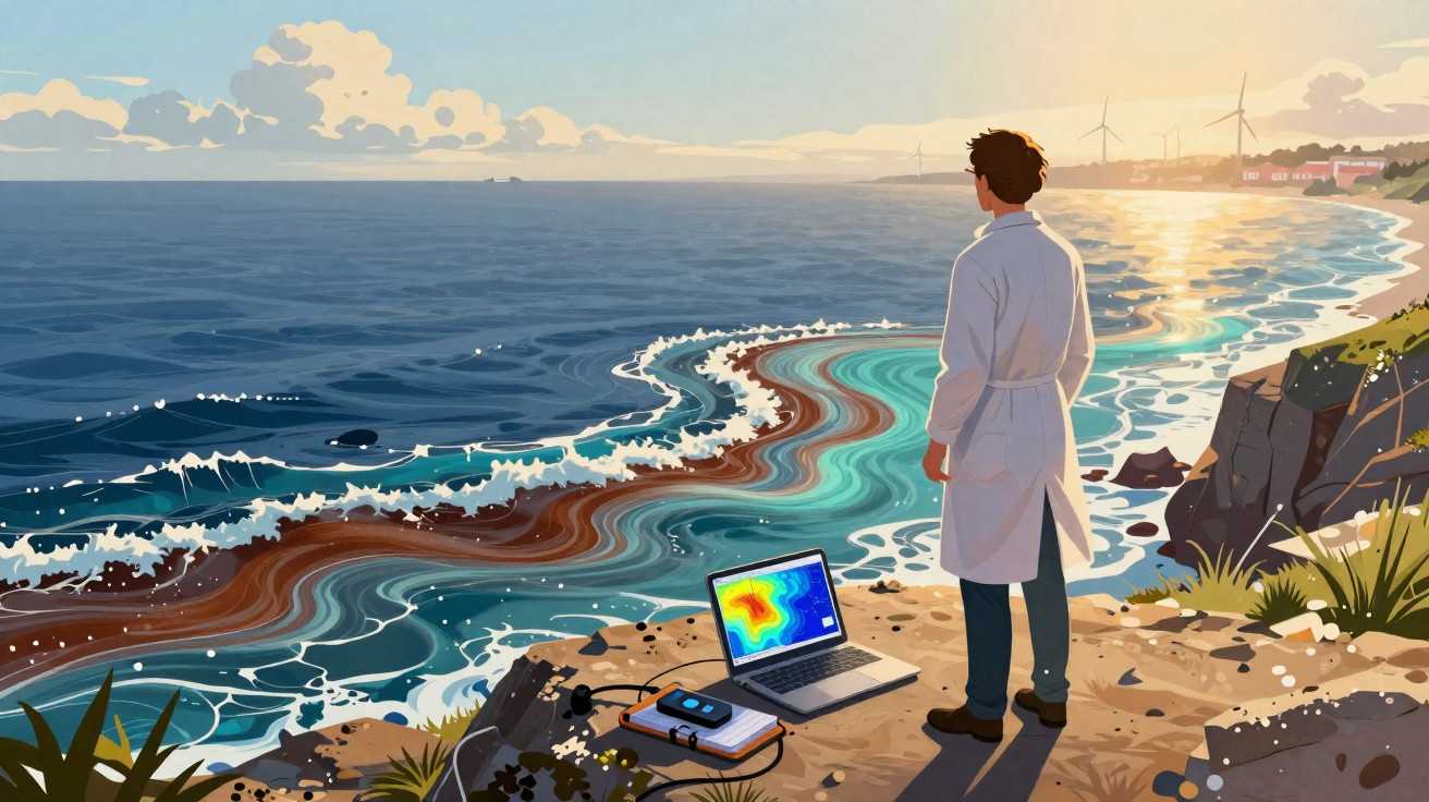 Mann im weißen Mantel steht am Ufer mit Laptop und Messgerät, beobachtet farbige Wasserströme im Meer.