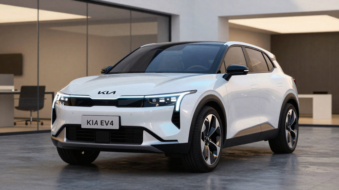 Weißer Kia EV4 Elektro-SUV vor modernem Gebäude mit Glasfassade bei Tageslicht.