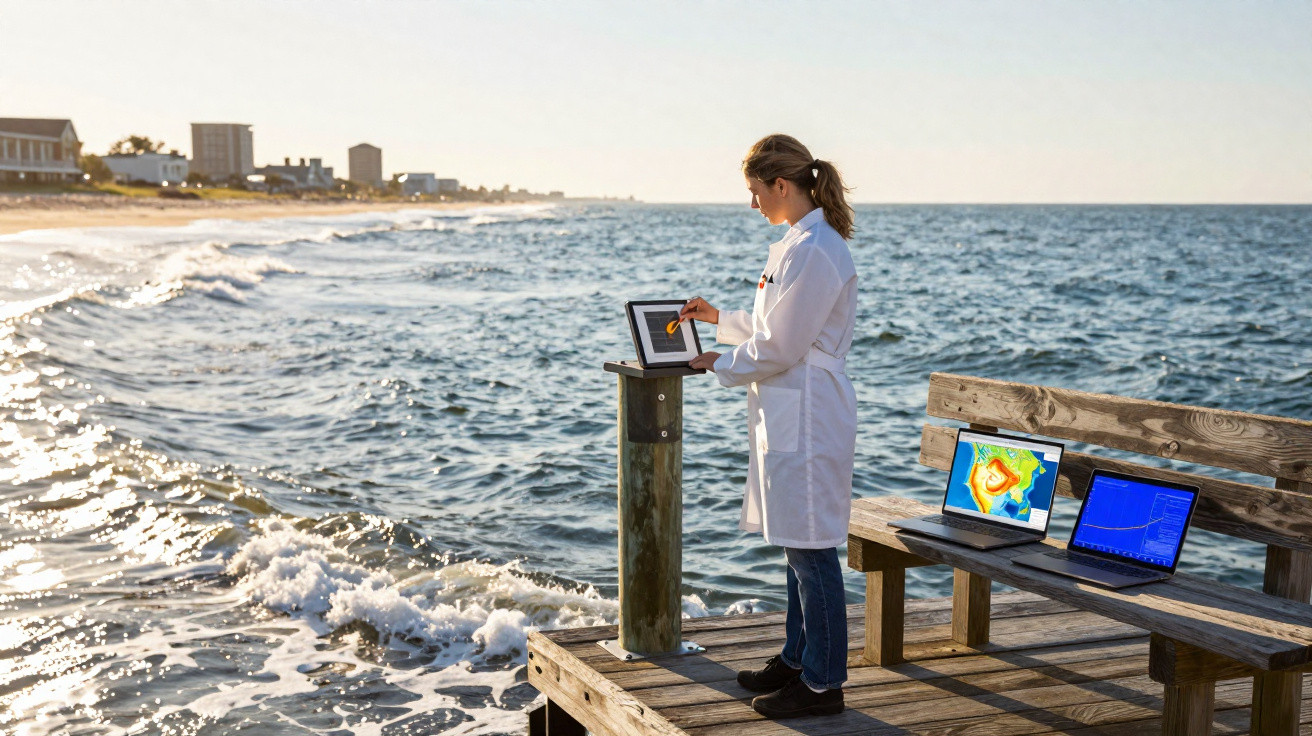 Frau in Laborkittel arbeitet mit Tablet und Laptops auf Steg am Meer bei Sonnenuntergang.