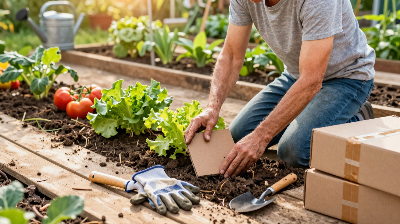 Mann pflanzt Setzling im Gartenbeet mit Salat, Tomaten, Handschuhen und Gartengerät im Sonnenlicht.
