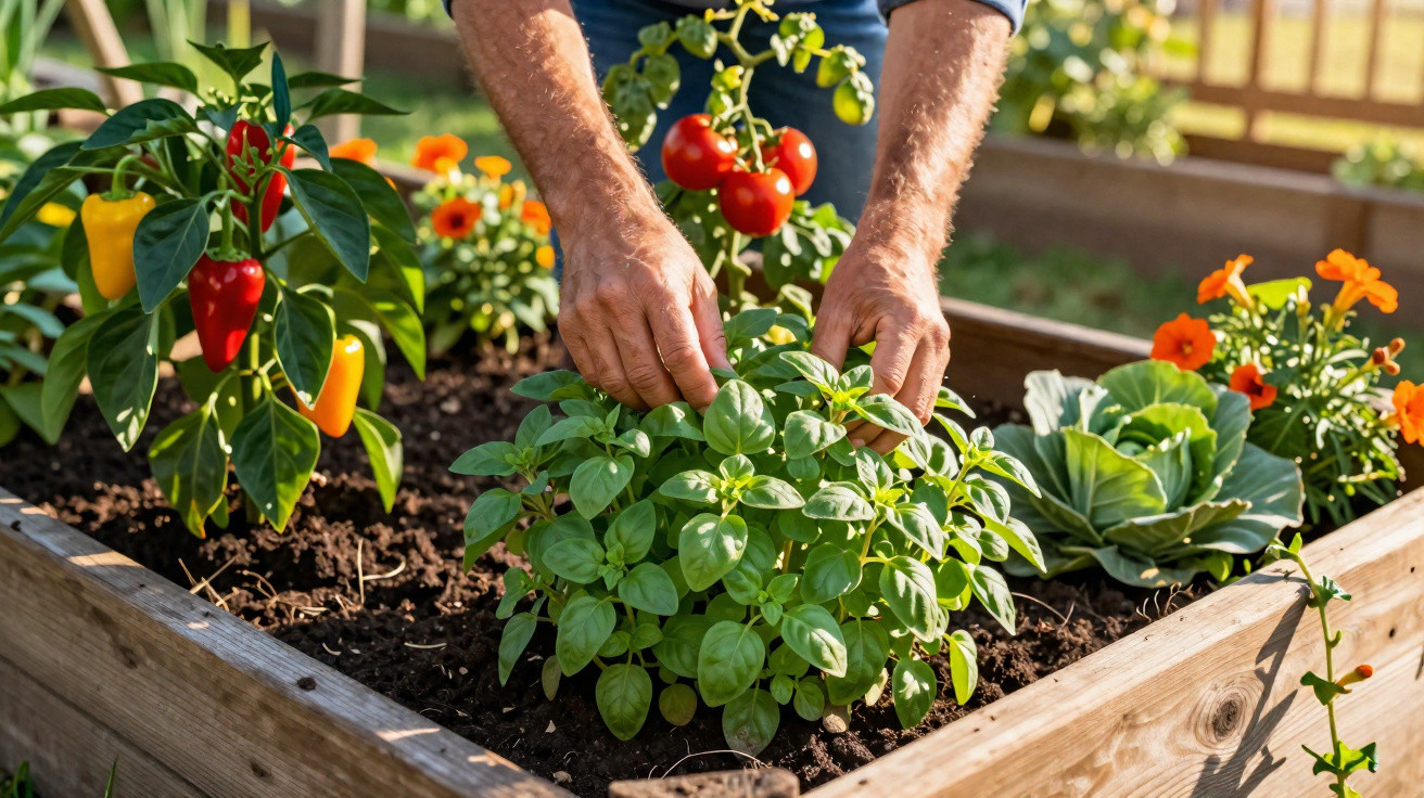 Hände ernten frische Kräuter und Gemüse wie Tomaten und Paprika in einem Hochbeet im Garten.