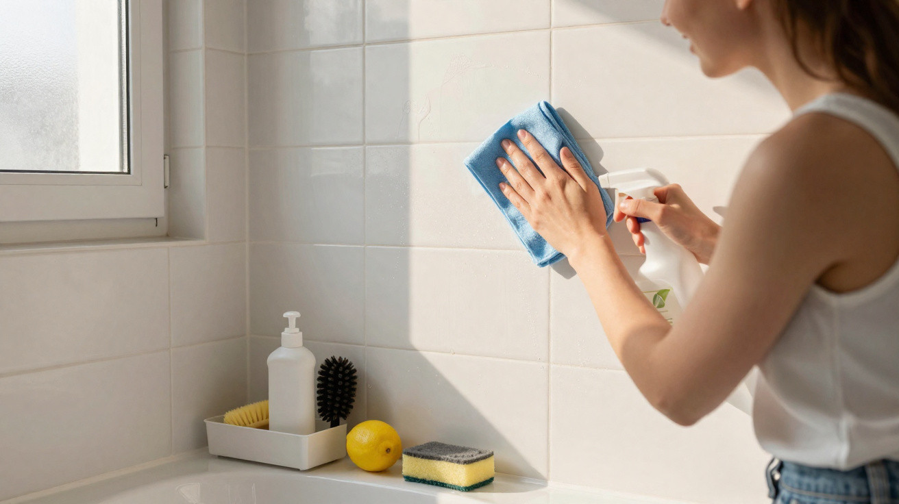 Frau reinigt Fliesenwand im Badezimmer mit blauer Microfasertuch und Sprühflasche bei Tageslicht.