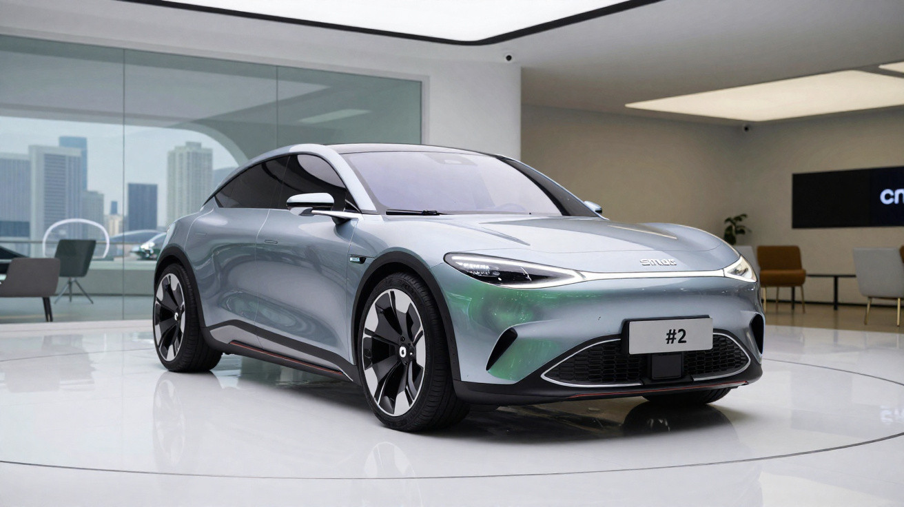 Moderner silberner Elektro-Sportwagen in einem hellen, futuristischen Ausstellungsraum mit Stadtblick.