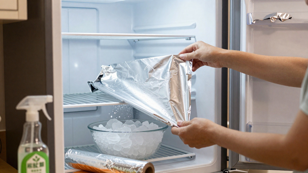 Person legt Aluminiumfolie über Schüssel mit Eiswürfeln im offenen Kühlschrank.