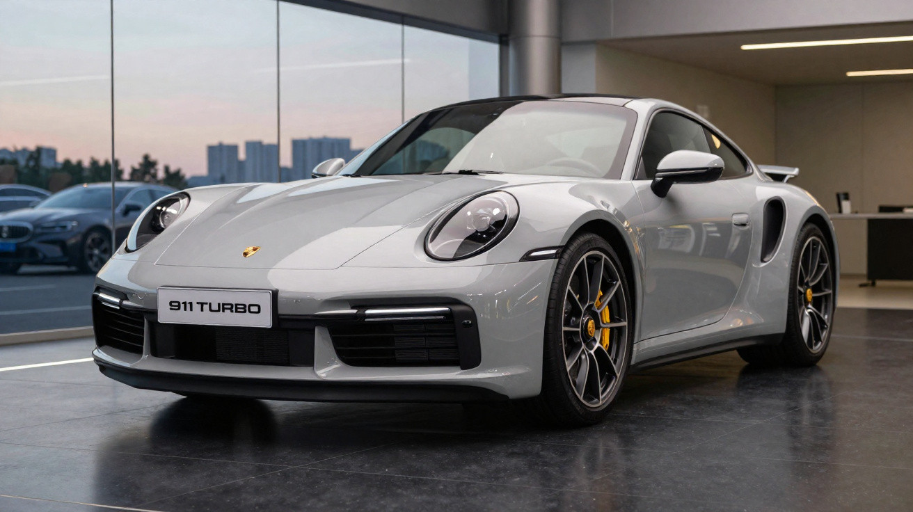 Grauer Porsche 911 Turbo Sportwagen steht in einem modernen Autohaus mit großen Fenstern.