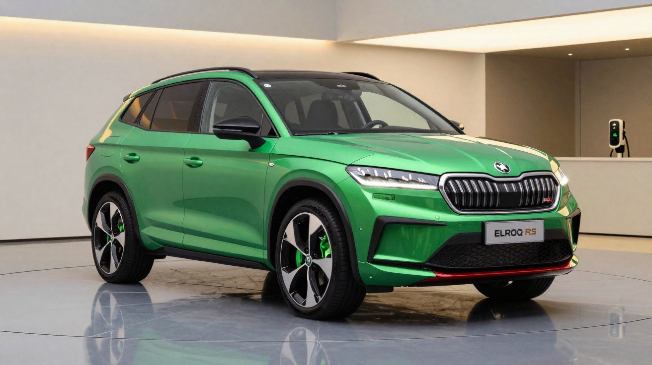 Grüner Škoda ELROQ RS Elektro-SUV in moderner Ausstellung mit Ladestation im Hintergrund.