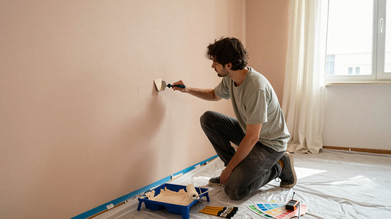 Mann kniet auf Boden und trägt Spachtelmasse auf eine Wand in einem hellen, leeren Raum auf.