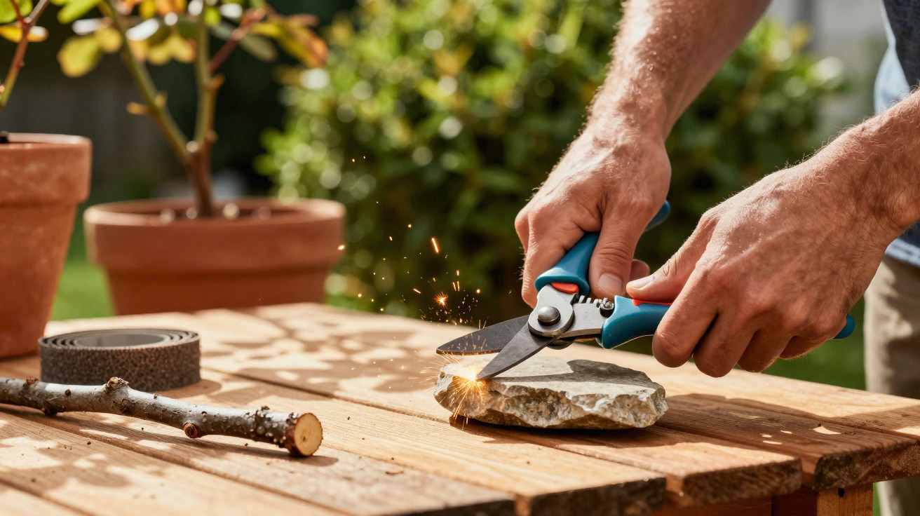 Person schärft eine Gartenschere an einem Stein auf einem Holztisch im Freien.