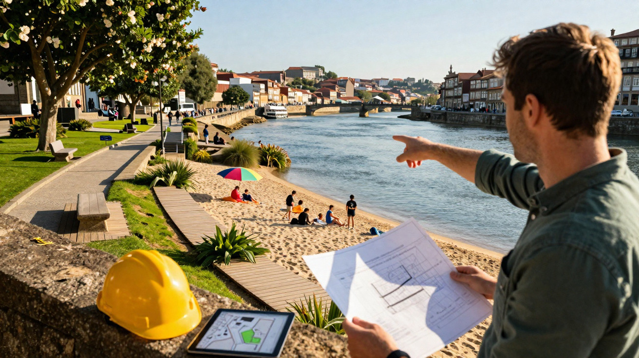 Mann mit Bauplänen zeigt auf Flussufer mit Sandstrand, Menschen und Stadt im Hintergrund bei Sonnenschein.