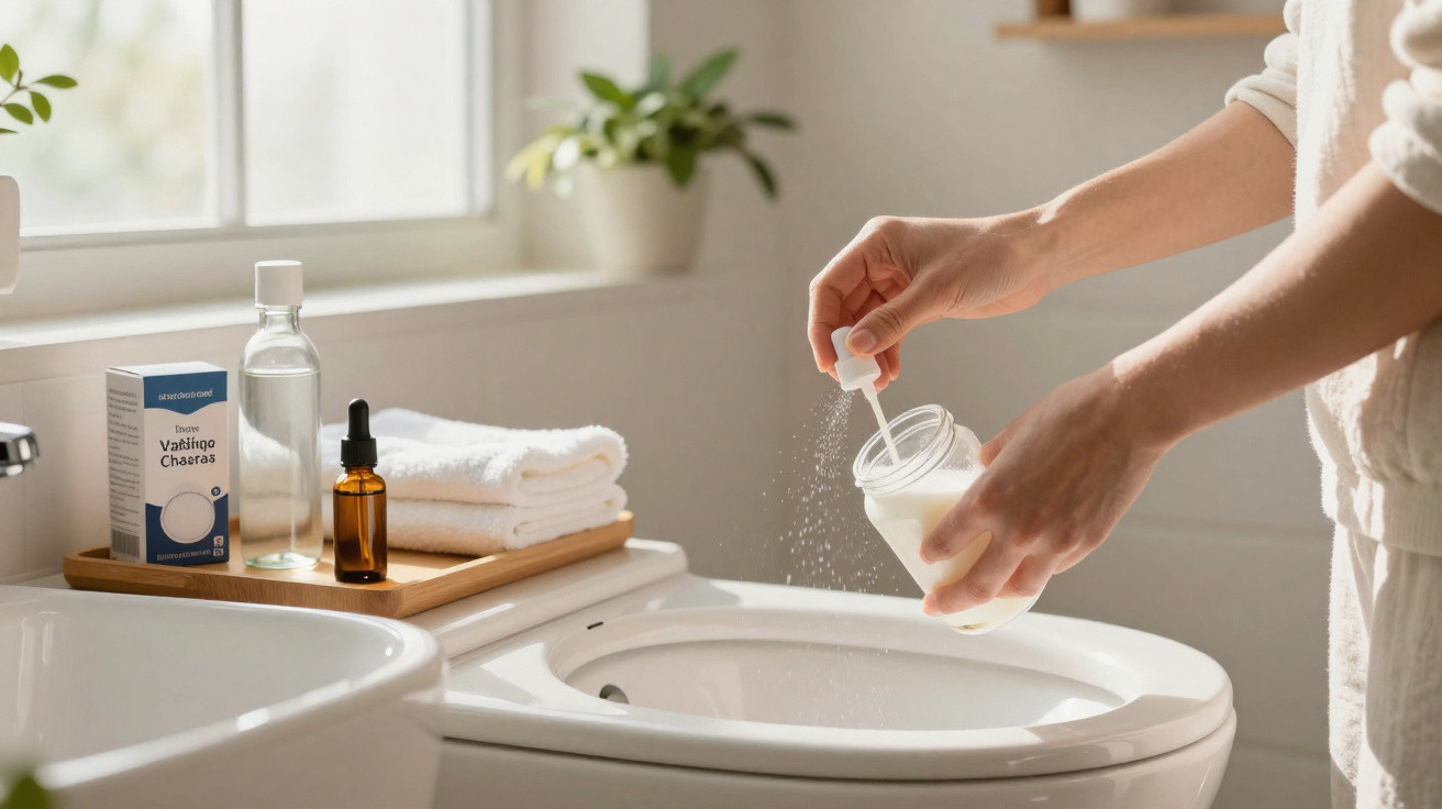 Person säubert WC mit klarem Puder aus einem Glasbehälter in einem hellen Badezimmer mit Pflanzen und Handtüchern.