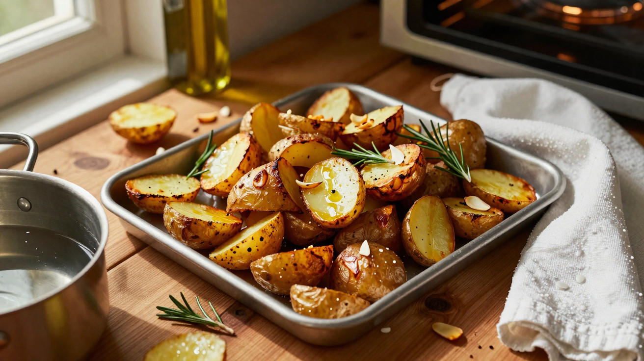 Backofenkartoffeln mit Rosmarin und Mandelblättchen in einer Backform auf Holzbrett neben Ofen