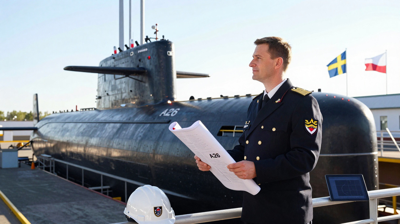 Marineoffizier mit Bauplänen vor dem U-Boot A26 in Werft mit Helm und zwei Flaggen im Hintergrund.
