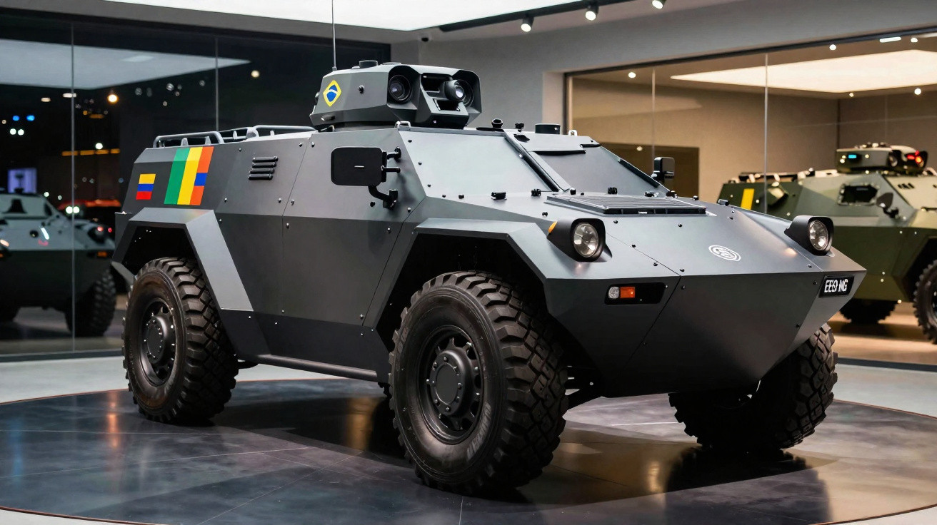 Gepanzertes militärisches Fahrzeug grau lackiert mit großen Reifen und Sensoren auf dem Dach im Ausstellungsraum.
