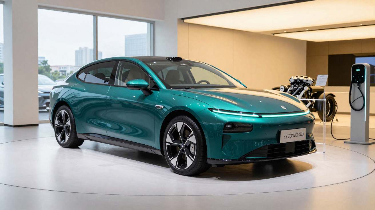 Grünes Elektroauto in modernem Showroom mit Ladestation und Motorenmodell im Hintergrund.