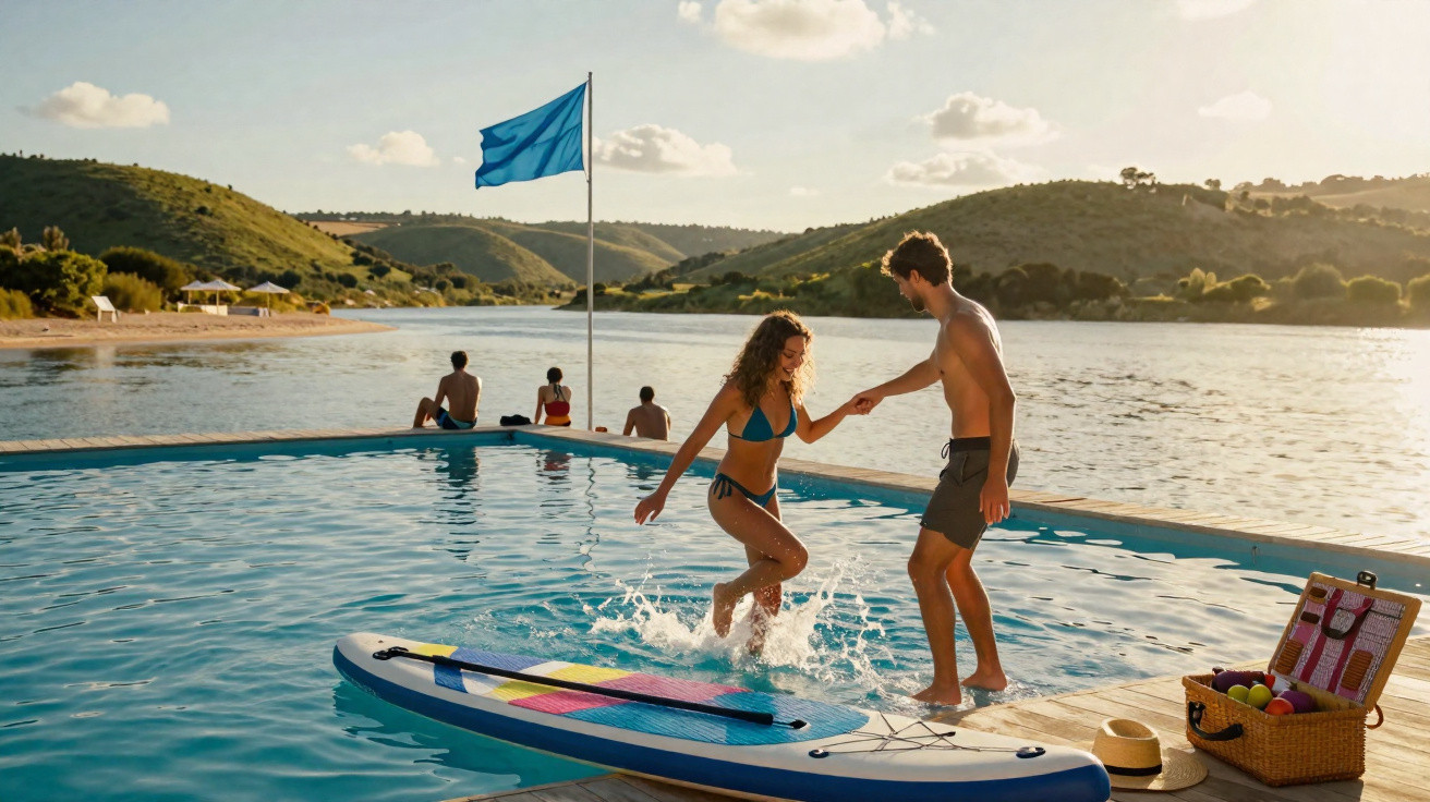 Paar spielt am Rand eines Pools mit Surfbrett, im Hintergrund Wasser, Hügel und blaue Flagge.