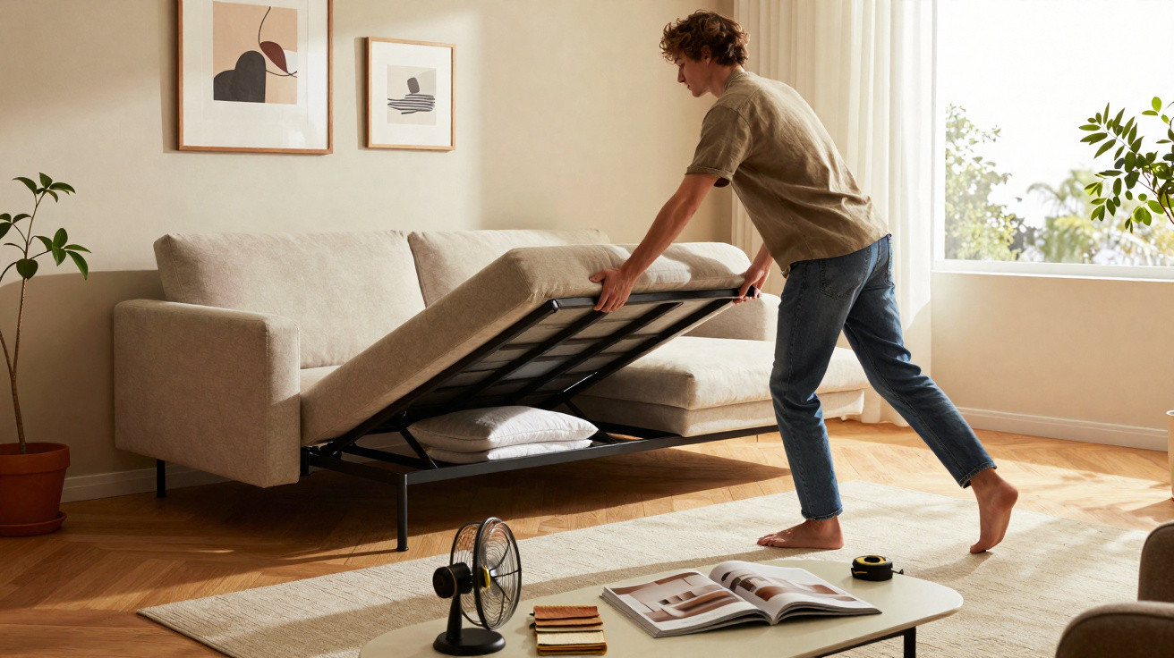 Mann hebt Sitzfläche bei beige Schlafsofa mit Stauraum in modernem, hellem Wohnzimmer an.