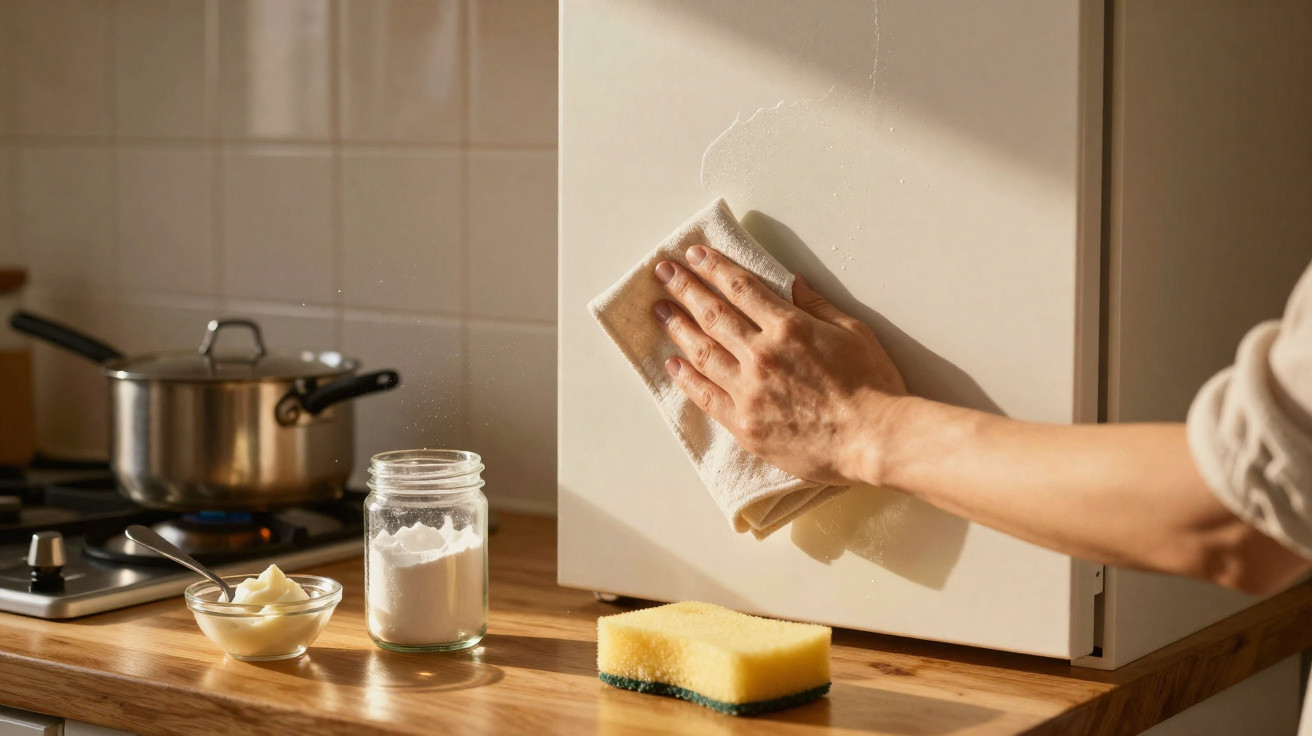 Hand wischt mit Tuch einen Küchenunterschrank, daneben Schwamm und Glas mit Backpulver auf Holzarbeitsplatte.