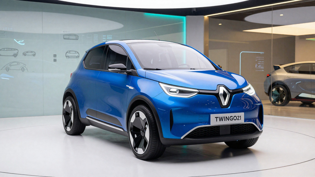 Blauer Renault Twingo 2021 im Showroom mit moderner Beleuchtung und futuristischem Design.