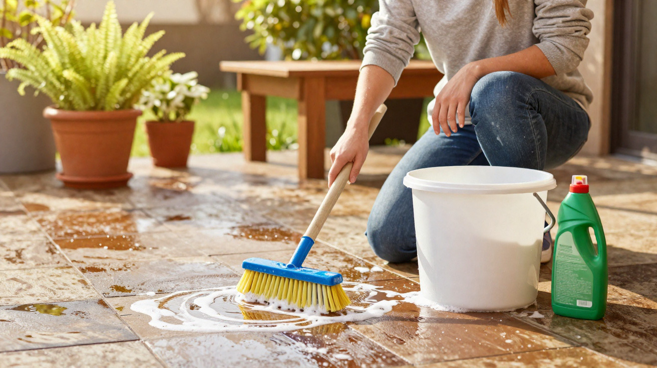 Person schrubbt mit Bürste und Seifenlauge eine Terrasse, neben Eimer und Reinigungsmittel im Garten.