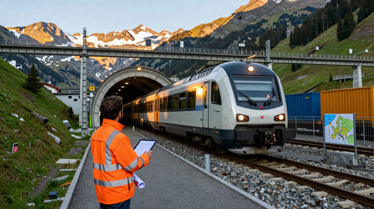 Ein Zug fährt aus einem Tunnel in den Alpen, ein Mann in oranger Warnweste beobachtet ihn mit Tablet.