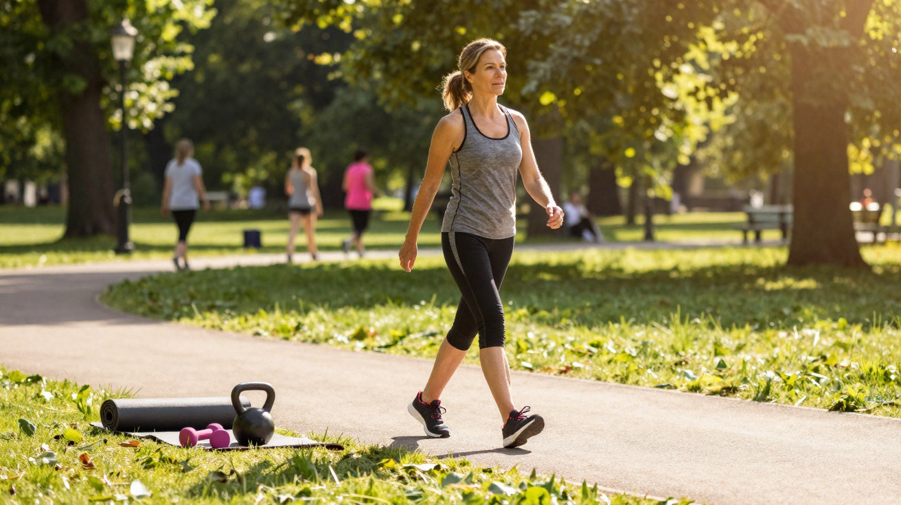 Frau in Sportkleidung spaziert auf Parkweg, Fitnessmatte, Kurzhanteln und Kettlebell auf Gras im Vordergrund.