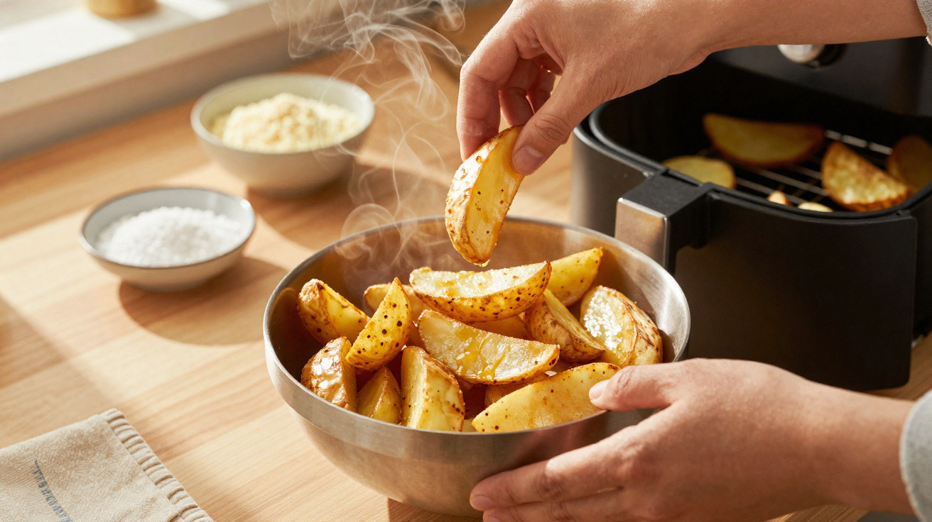 Dampfende, goldbraune Kartoffelspalten in einer Schüssel, Hände nehmen eine Portion aus einer Heißluftfritteuse.