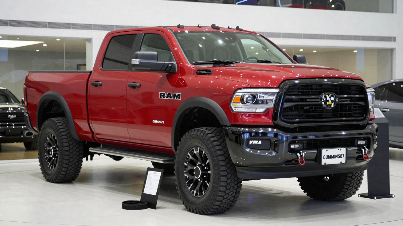 Roter RAM Pickup mit großen Offroad-Reifen in einer hellen Autoausstellung.