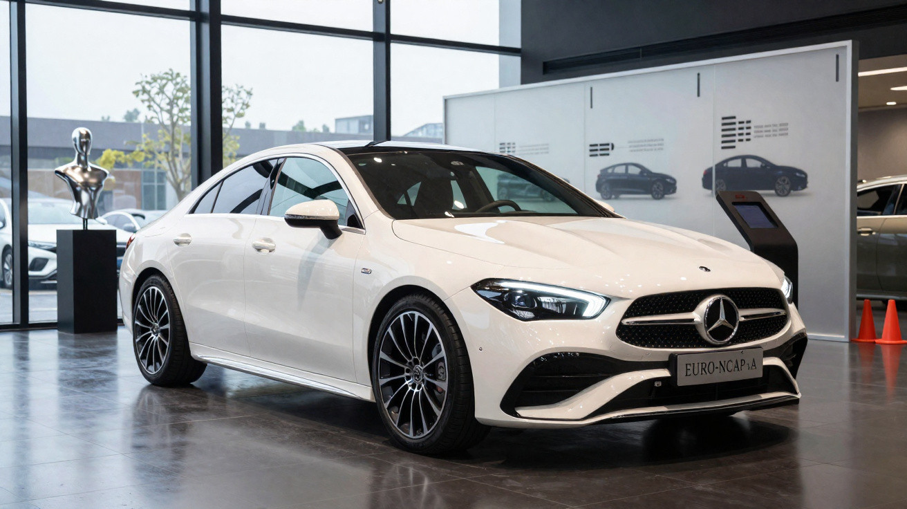 Weißer Mercedes-Benz Limousine im Showroom mit großen Fenstern und glänzendem Boden.