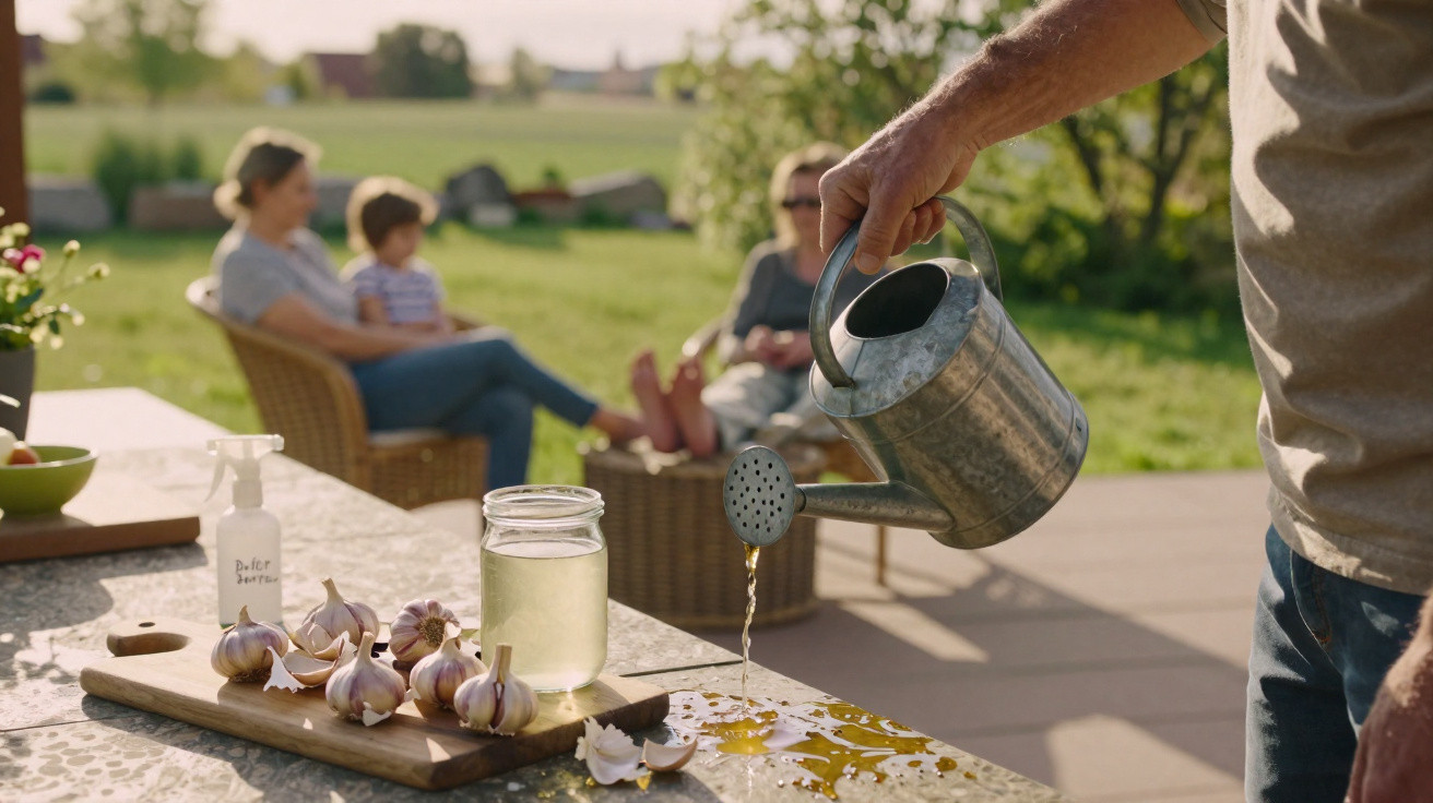 Mann gießt Wasser aus einer Gießkanne auf den Tisch mit Knoblauchzehen, Familie sitzt im Garten im Hintergrund.