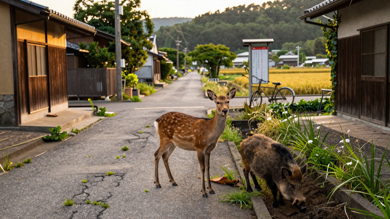 Ein Reh und ein Wildschwein auf einer Dorfstraße zwischen Häusern mit Feldern im Hintergrund bei Sonnenuntergang.