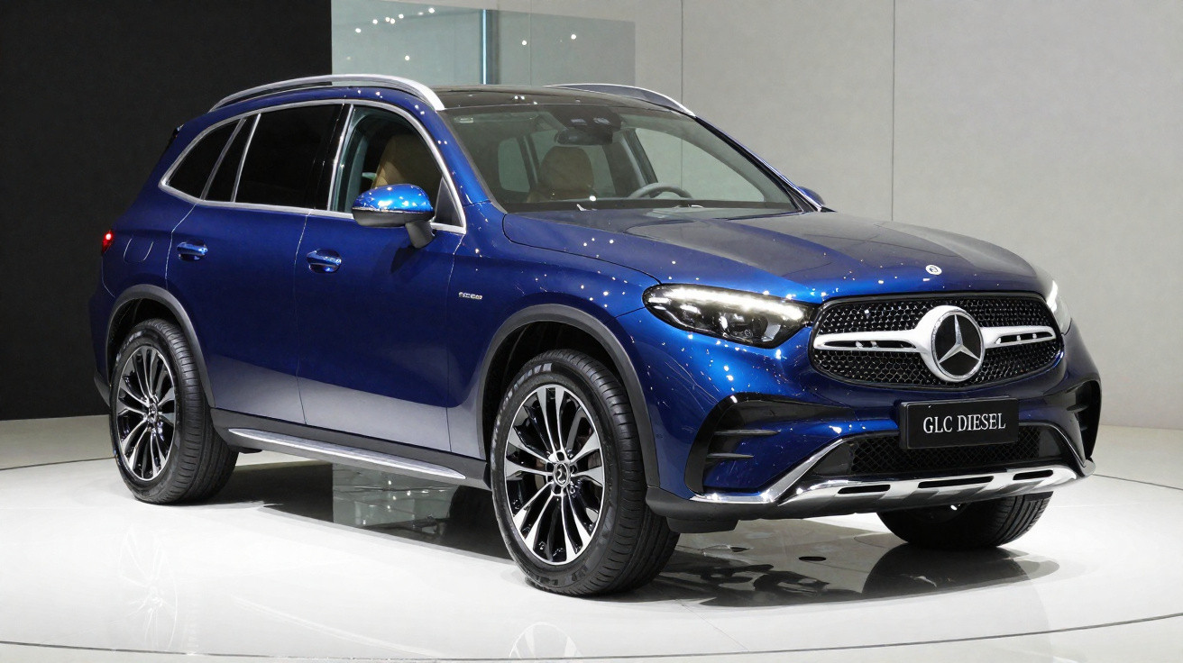 Blauer Mercedes-Benz GLC Diesel SUV auf Ausstellungsboden mit moderner Beleuchtung.