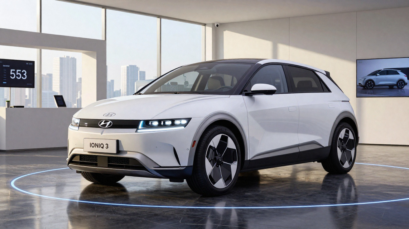 Weißer Hyundai Ioniq 3 Elektroauto in modernem Ausstellungsraum mit Stadtpanorama im Hintergrund.