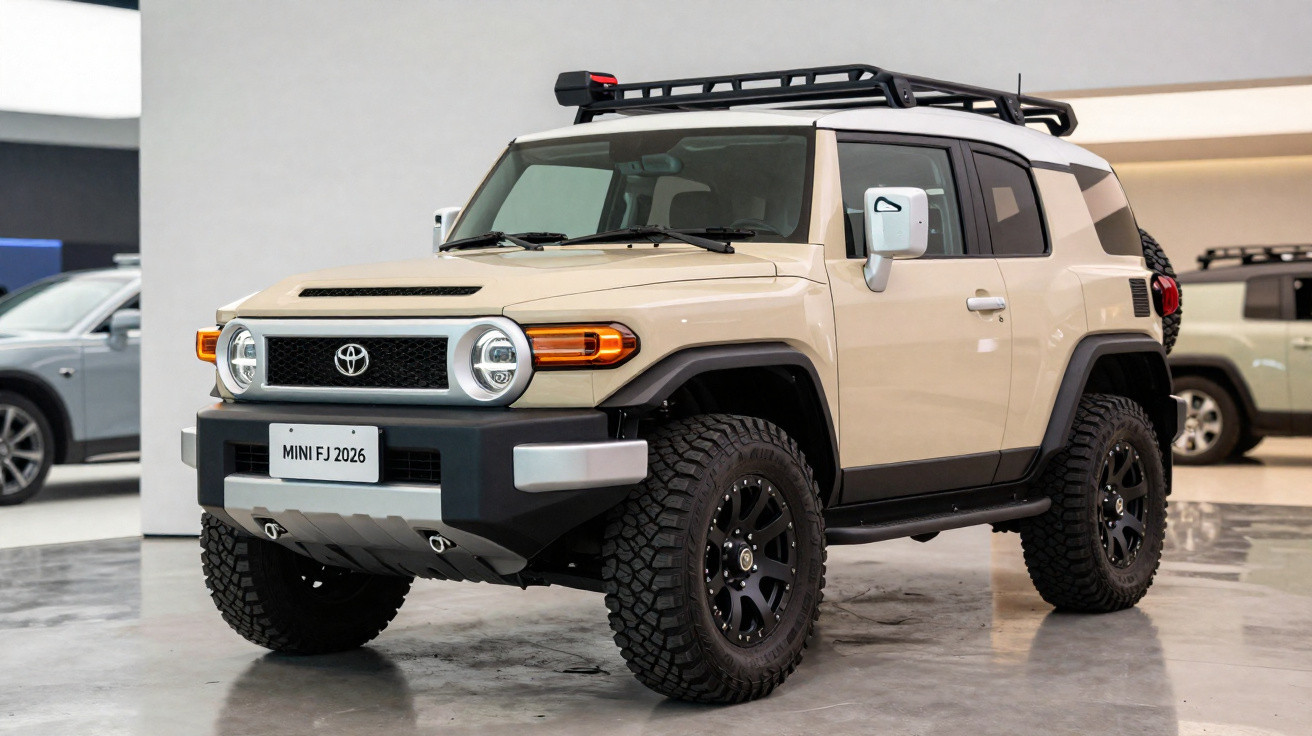 Beiger Toyota Mini FJ 2026 Geländewagen mit Dachträger und großen Offroad-Reifen in einem Ausstellungsraum.