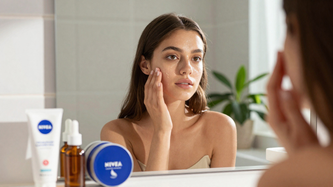 Frau trägt Gesichtscreme auf und schaut in den Badspiegel, neben ihr Hautpflegeprodukte von Nivea.